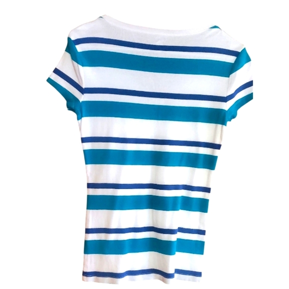 Tommy Hilfiger Cap Sleeve Teal/Royal/White Striped Tee Size Medium - Picture 2 of 6